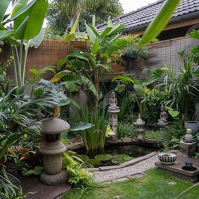 Vue panoramique de plantes tropicales dans un tout petit jardin